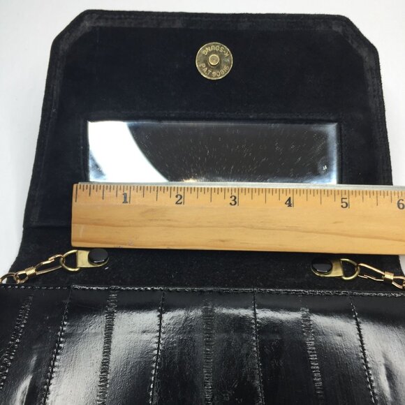Vintage Genuine Eel Skin Leather Black Evening Purse Handbag Mirror Chain Strap - Picture 10 of 14